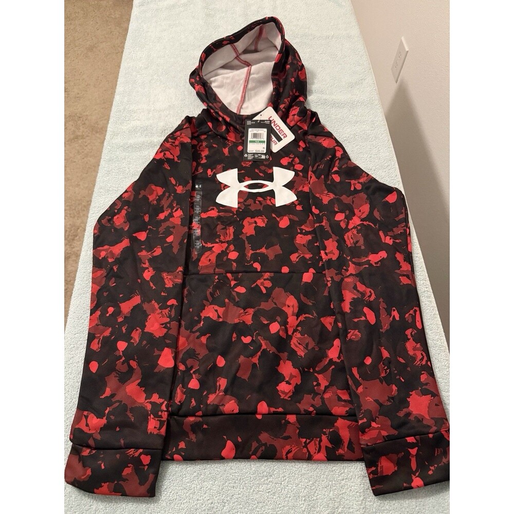 Under Armour Boys Fleece Big Logo Printed Camo Hoodie In Red Size Large NWT